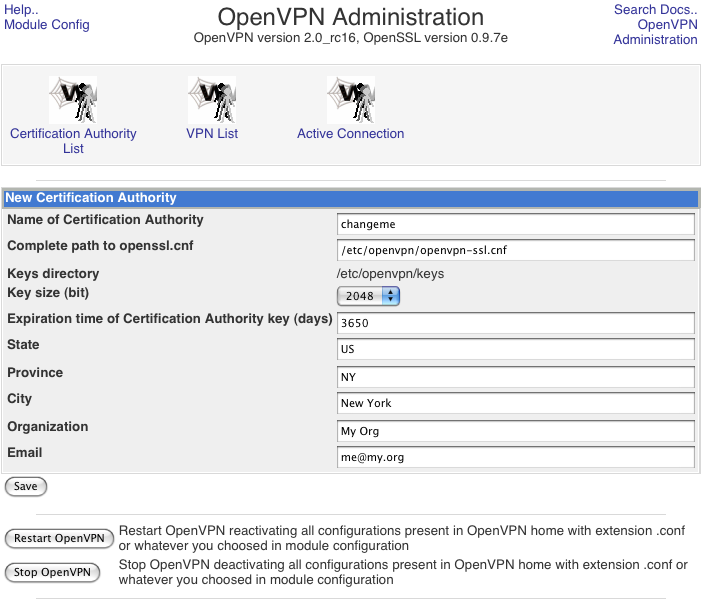 OpenVPN administration page