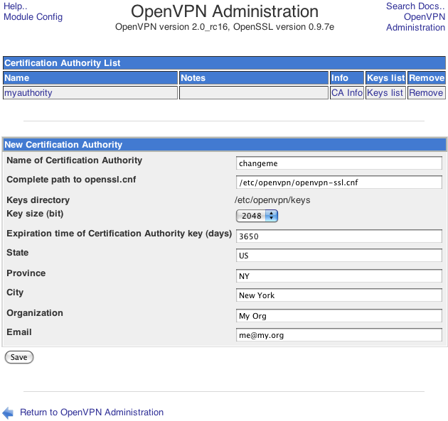 OpenVPN Certification Authority page