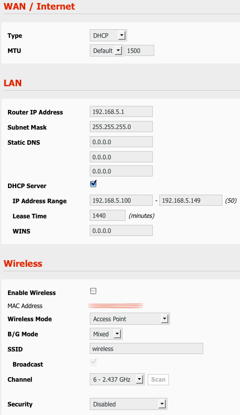 Settings portion of Basic | Network page