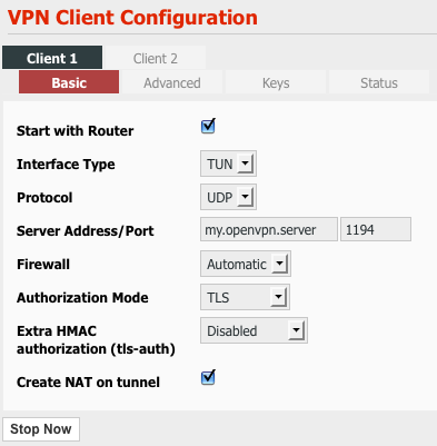 VPN | Client page, Basic tab