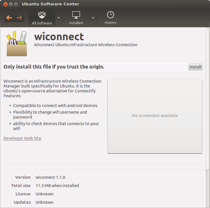 Wiconnect Install page as displayed in Ubuntu Software Center